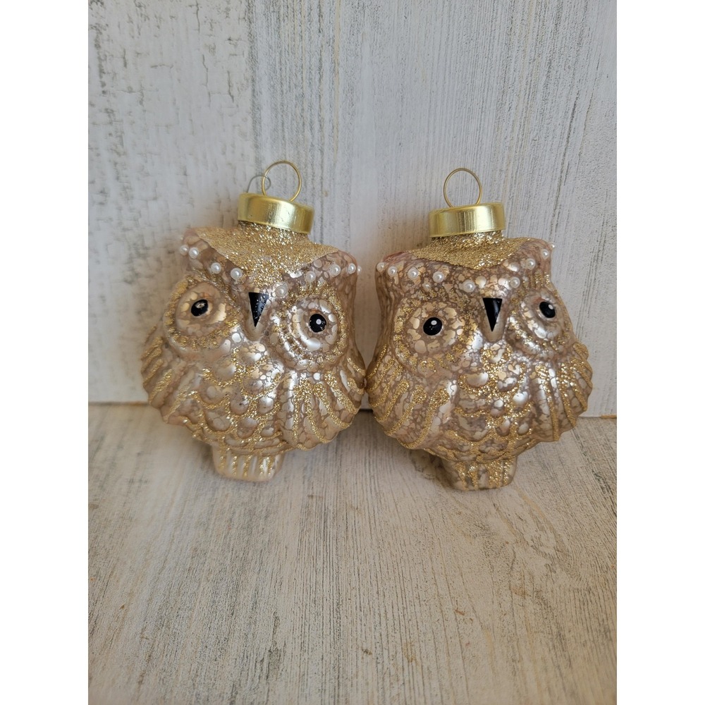 Vintage glass gold owl speckled bird ornament Xmas set Pearl unique